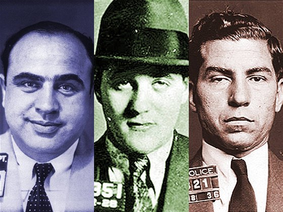 Al Capone, Bugsy Siegel a Lucky Luciano na dobových policejních zábrech.