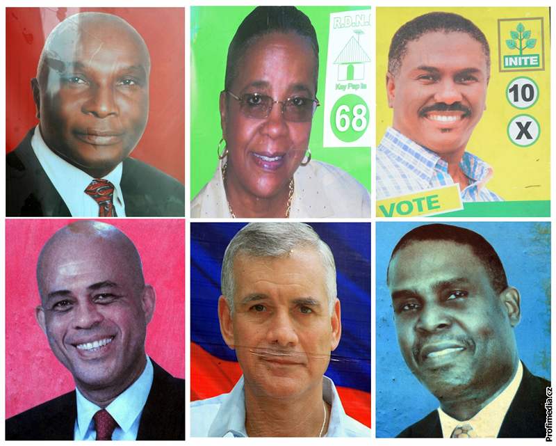 Kandidáti na haitského prezidnta - Mirlande Manigatová nahoe uprosted, Jude Célestin nahoe vpravo, Michel Martelly dole vlevo  