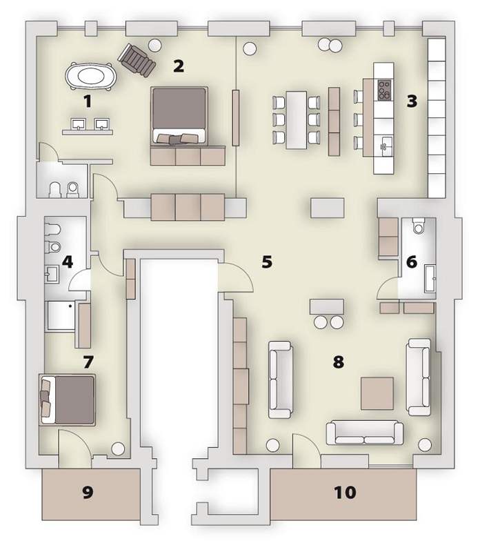 Pdorys bytu: 1/ koupelna, 2/ lonice, 3/ kuchy, 4/ koupelna, 5/ pedsí, 6/ koupelna, 7/ lonice, 8/ obývací pokoj, 9 + 10/ balkon