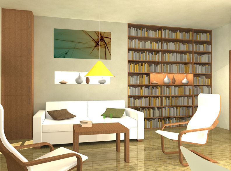 Vizualizace - obývací pokoj s knihovnou