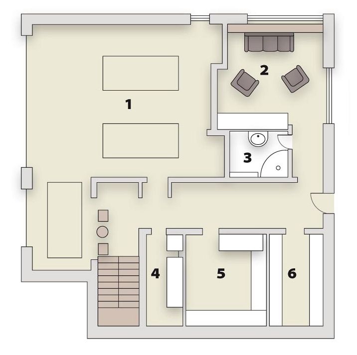 Pdorys pízemí: 1/ gará, 2/ pokoj pro hosty, 3/ koupelna, 4/ technická místnost, 5 + 6/ sklep