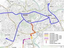 Mapa trasy nov olomouck tramvajov trat na Nov Sady.