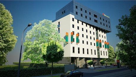 Vizualizace vzhledu nového olomouckého tíhvzdikového hotelu Ibis, který se staví ve Wolkerov ulici.