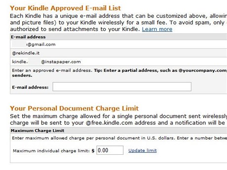 Doplte si adresy, ze kterch vm mohou na Kindle chodit dokumenty ke konverzi a nahrn do teky. Nastavte-li si nulov limit, budou vm dokumenty doruovny jen zdarma.