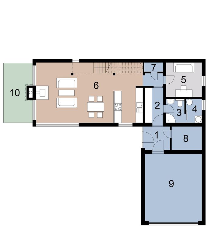 Pdorys pízemí: 2  zádveí 4,8 m2, 3  koupelna + WC 3,35 m2, 4  technická místnost, 2,91 m2, 5  