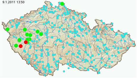 erven vyznaen na map jsou msta, kde plat 3. povodov stupe. Zelen pak kde je vyhlena povodov bdlost. 