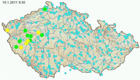 lut vyznaen na map jsou msta, kde plat 2. povodov stupe. Zelen pak kde je vyhlena povodov bdlost (1. stupe) 