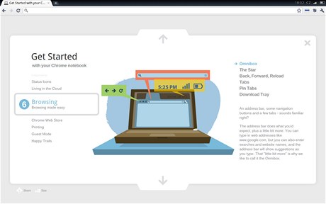 Snmek obrazovky - vodn prvodce systmem Chrome OS je poveden, lbiv a dobe vyuv monosti prohlee