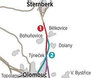 Mapka nov typroud silnice, kter zlep dopravu mezi Olomouc a ternberkem a v budoucnu by se mla napojit na jejich obchvaty.