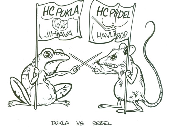 Kdy se spor mezi Duklou Jihlava a brodskými Rebely rozhoel, zaujal i karikaturistu tpána Maree (ilustraní kresba).