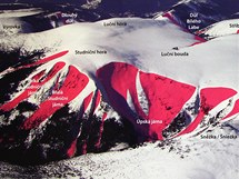 Mapa vrcholu Snky a Lun hory. erven znaen msta oznauj obvykl lavinov drhy.