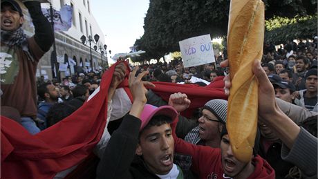 Protestující Tunisan s ohoelou podobiznou uprchlého prezidenta bin Alího (25. ledna 2011)