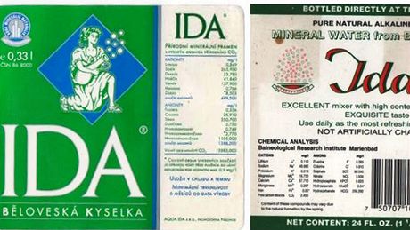 Etikety Bloveské kyselky Ida pro eský (vlevo) a zahraniní trh. Svého asu se...