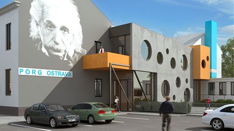 Návrh budovy koly PORG v Ostrav s portrétem Alberta Einsteina na fasád. 
