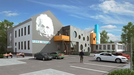 Návrh budovy koly PORG v Ostrav s portréty Alberta Einsteina a Jana Ámose Komenského na fasád. 