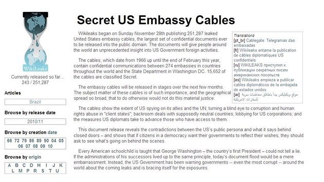 Stránka WikiLeaks, kde byly zveřejněny tajné depeše americké diplomacie (29. listopadu 2010) Stránka WikiLeaks, kde byly zveřejněny tajné depeše americké diplomacie (29. listopadu 2010)