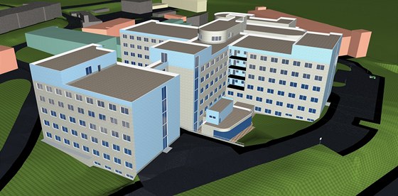 Vizualizace klatovské nemocnice. Kraj zastavil stavbu lkového pavilonu, který je vlevo v popedí. 