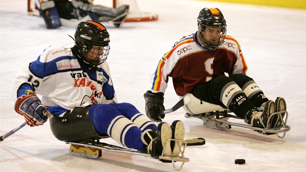 SKV Sharks Karlovy Vary (v bílomodrém) vs. HC Sparta Praha (v hnědobílém). SKV Sharks Karlovy Vary (v bílomodrém) vs. HC Sparta Praha (v hnědobílém).