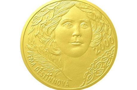 Zlatá investiní medaile s motivem dvoutisícikorunové bankovky a Emou Destinovou.