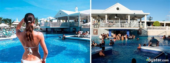 Jamaica, Riu Negril Club. Vlevo oficiální snímek poloprázdného letoviska se sexy turistkou, vpravo nafocená realita. 