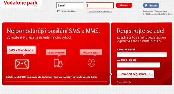 Vstupní stránka Vodafone parku s upozornním na zpoplatnní SMS 