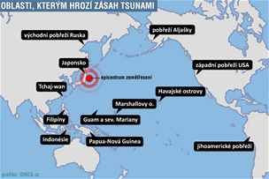 Zemtesen v Japonsku, bezen 2011, oblasti, kterm hroz vlna tsunami