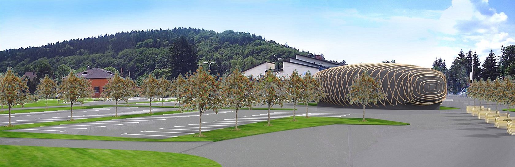 Vizualizace kongresového centra brnnského architekta Zdeka Fránka ve tvaru jedlové iky, které má být do konce roku dokoneno u hotelu Eroplán v Ronov pod Radhotm.