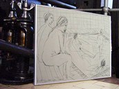 Skica Kurta Gebauera Sauna v Axe vystaven v prostorch Ekotechnickho muzea