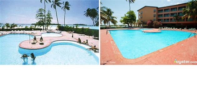 Dominikánská republika, hotel Don Juan Beach Resort. Oficiální je snímek vlevo, vpravo odhalená realita.