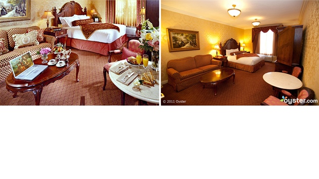 Los Angeles, hotel Ayres. Oficiální je snímek vlevo, vpravo realita. 
