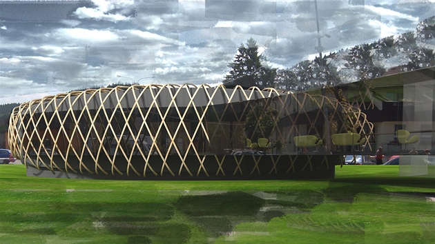 Vizualizace kongresového centra brnnského architekta Zdeka Fránka ve tvaru jedlové iky, které má být do konce roku dokoneno u hotelu Eroplán v Ronov pod Radhotm.