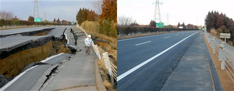 est dní po niivém zemtesení je silnice v japonské prefektue Ibaraki opravena