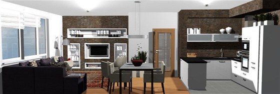 Druhá varianta obývacího pokoje poítá se sádrokartonovými píkami, které budou tvoit úloný prostor nejen pro televizi.