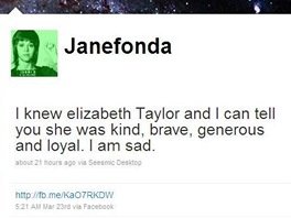 Jane Fonda pe na Twitter o mrt Elizabeth Taylorov