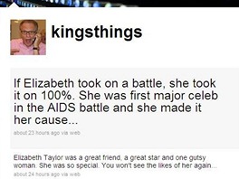 Larry King pe na Twitter o mrt Elizabeth Taylorov
