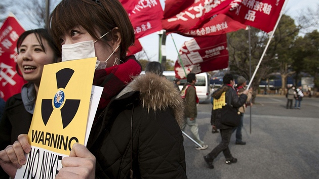 Japonka v Tokiu protestuje proti jaderným elektrárnám (20. bezna 2011)