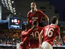 Fotbalist Manchesteru se raduj z glu. Na vrcholu pyramidy je Rio Ferdinand.
