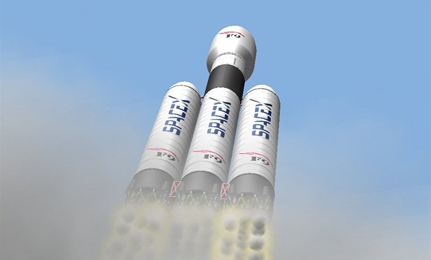 Falcon 9 Heavy se zažehnutým prvním stupněm v představě ilustrátora Falcon 9 Heavy se zažehnutým prvním stupněm v představě ilustrátora