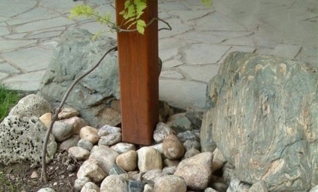Devn stojiny pergoly jsou ukotven k ocelovm patkm zaputnm do zem.