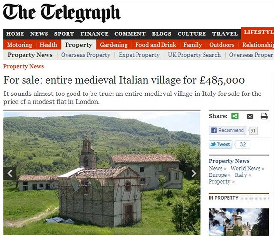 Italská vesnice Valle Piola je na prodej