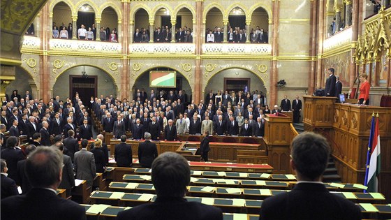 Maartí poslanci zpívají národní hymnu poté, co ást z nich odsouhlasila novou ústavu (18. dubna 2011)
