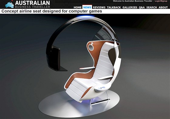 Jak by mohlo vypadat sedadlo konstruované pro hraní poítaových her v letadlech.