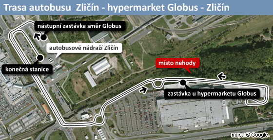 mapka - Trasa autobusu Zlin - hypermarket Globus - Zlin
