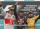 Ti nejlep ve Velk cen Malajsie: Jenson Button, Sebastian Vettel, Nick Heidfeld.