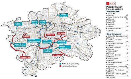 Mapa nehod v Praze za rok 2010