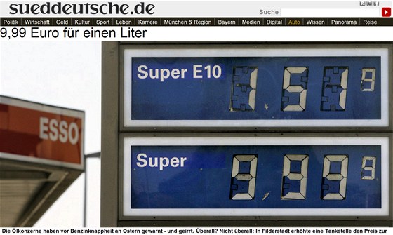 Na erpací stanici Esso v nmeckém Filderstadtu stál litr benzinu 9,99 eura.