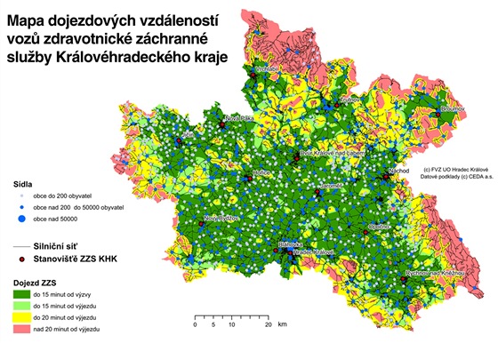 Mapa dojezdových vzdáleností voz zdravotnické záchranné sluby Královéhradeckého kraje