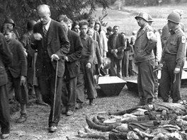 Nmet civilist jsou pinuceni prochzet kolem tl idovskch en, kter nacist utvali pi pochodech smrti v eskoslovensku