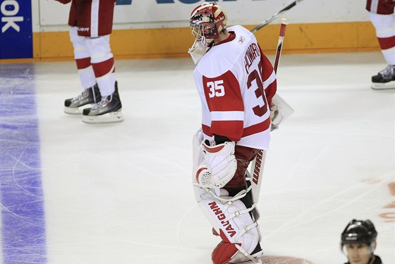 Zklamaný branká Detroitu Jimmy Howard.