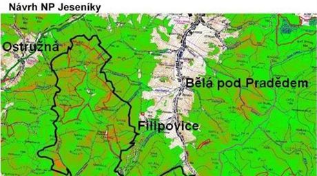 Mapa navrenho umstn a hranice Nrodnho parku Jesenky, kter m zabrat zhruba tvrtinu stvajc chrnn krajinn oblasti.